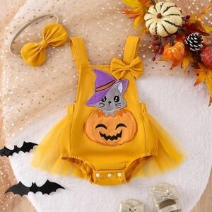 Charming Yellow Pumpkin Baby Dress with Cat Design
